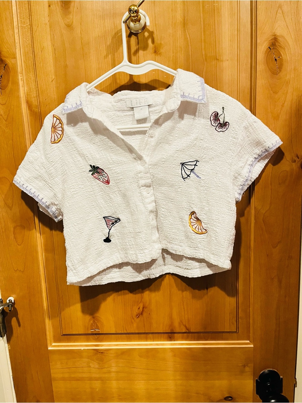 White Short-Sleeve Embroidered Crop Button-Up Shirt - Kids